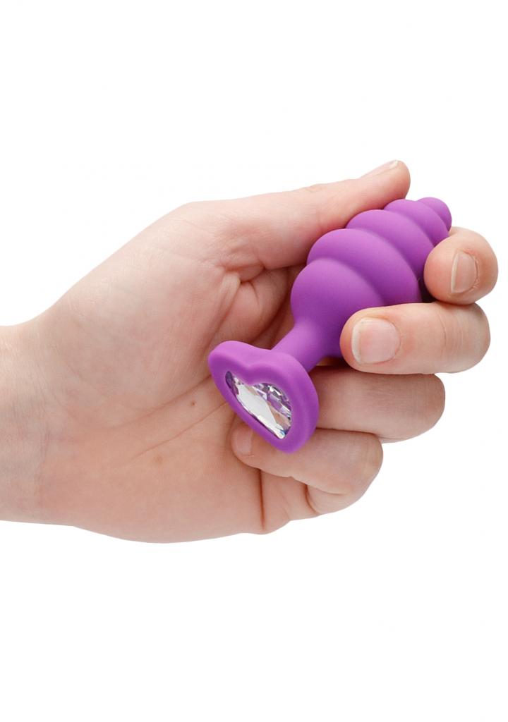 Shots - Ouch! Large Ribbed Diamond Heart Plug purple anální kolík
