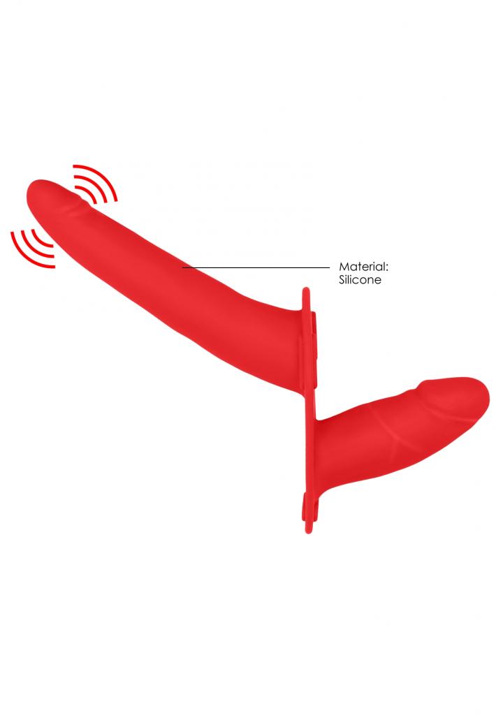 Shots Ouch Double Vibrating Silicone Strap-On Red Vibrační připínací penis